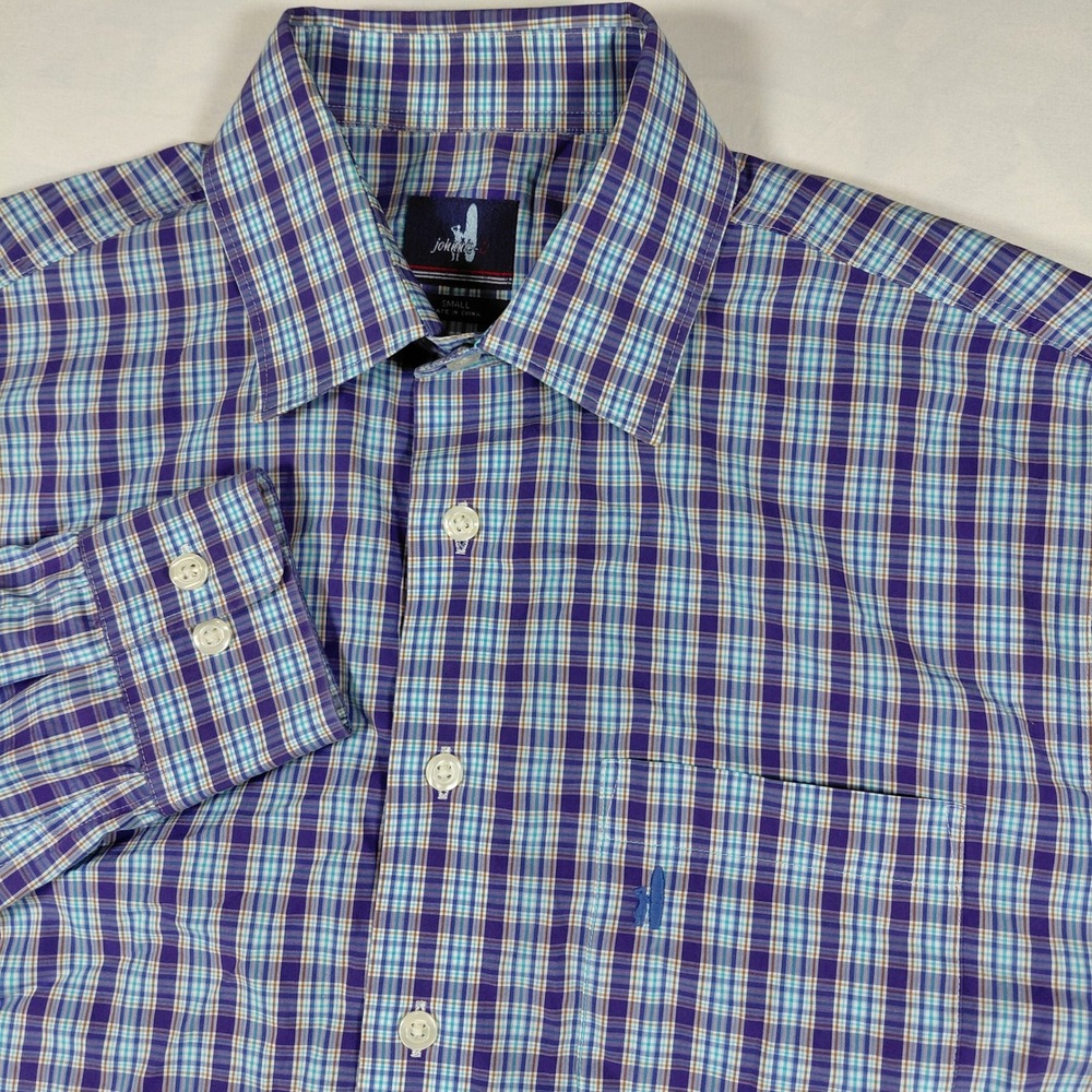 Johnnie-O Mens Small Purple Blue Plaid Cotton Button Down Long‎ Sleeve Shirt